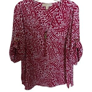 MICHAEL Michael Kors Red White Zebra Print Holiday Festive Work Wear Blouse SZ L